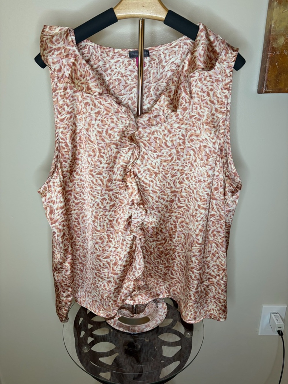 Vince Camuto Blush and Cream Ruffle-Front Sleeveless Blouse